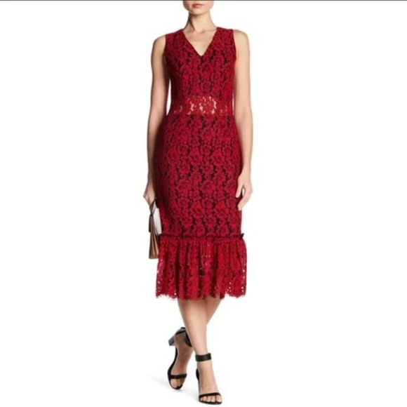 Alexia Admor Red Lace Flounce Midi Dress $265 - Picture 1 of 8